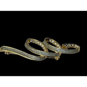 Gold Ribbon Bow Brooch Clear Rhinestones Pin Pave Vintage Statement Piece